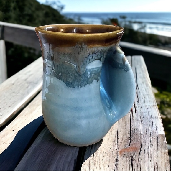 Neher Pottery OCEAN TIDE Right Hand Warmer Coffee Mug Brown Blue Drip Glaze 2013 - Picture 1 of 11